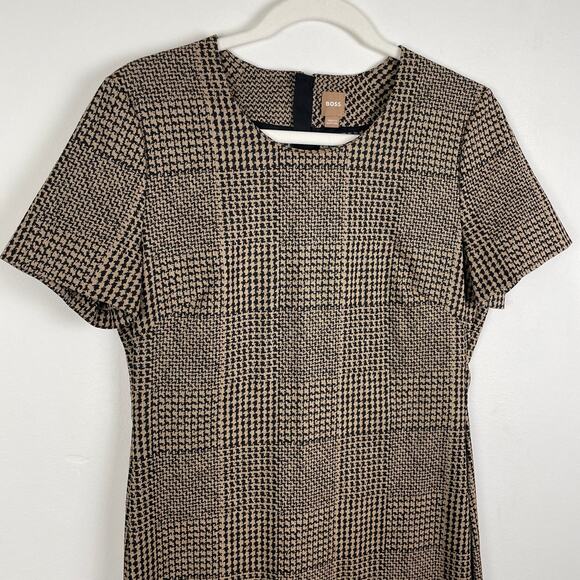 Hugo Boss Dixetta Sheath Midi Dress Brown Black Houndstooth US 8 Short Sleeve - Picture 2 of 16